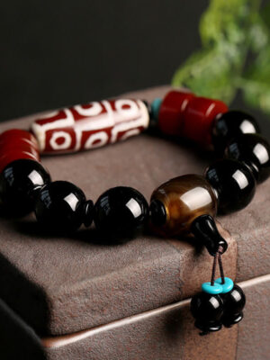 Tibetan Nine-Eye Dzi Bead Black Onyx Wealth Protection Bracelet