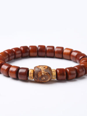HimaFlow Tibetan Yak Bone Three-Eyed Dzi Bead Sheep Horn Red Agate Strength Bracelet