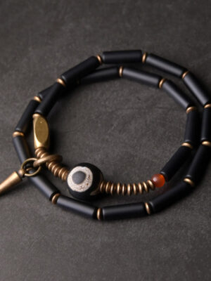 HimaFlow Black Onyx Copper Dzi Bead Cone Pendant Double Wrap Protection Bracelet