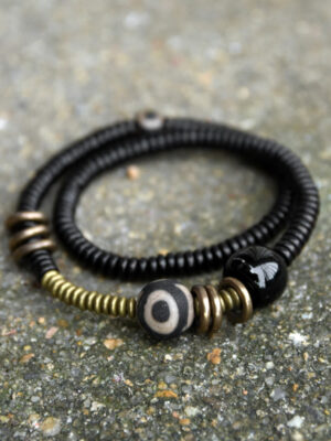 HimaFlow Ebony Wood Green Sandalwood Copper Brass Dzi Bead Black Onyx Calm Double Wrap Bracelet