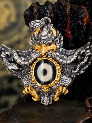HimaFlow 925 Sterling Silver Tibet Garuda Bird Dzi Bead Protection Necklace Pendant