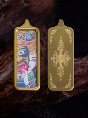 HimaFlow Tibet Zakiram Yellow God of Wealth Nine Tailed Fox Hand-Painted Thangka Calm Necklace Pendant