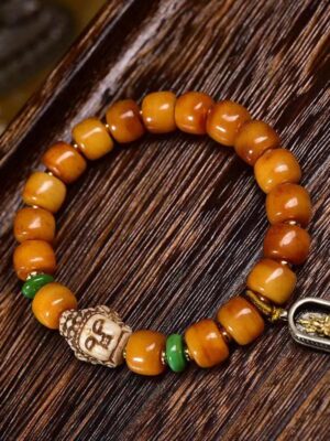 HimaFlow Tibetan Camel Bone Barrel Beads Buddha Head Luck Protection Tassel Bracelet