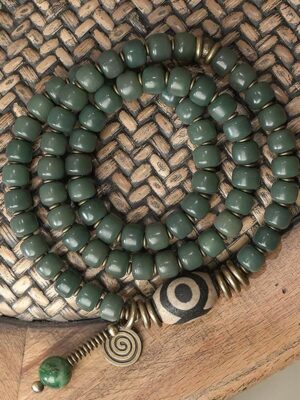 HimaFlow Cyan Bodhi Seed Dzi Bead Wisdom Peace Triple Wrap Bracelet