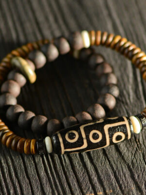 HimaFlow Tibetan Nine-Eye Dzi Bead Green Sandalwood Ebony Wood Peace Double Wrap Bracelet