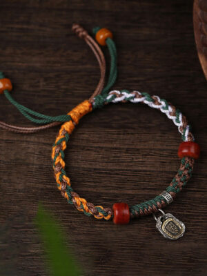 HimaFlow Handmade Tibetan Silver 925 Sterling Silver Zakiram Goddess of Wealth Camel Bone Protection Braided Bracelet