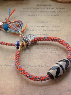HimaFlow Tibetan 925 Sterling Silver Om Mani Padme Hum Handmade Dzi Bead Protection Braid Bracelet