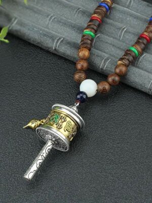 HimaFlow Tibetan Om Mani Padme Hum Prayer Wheel Rotation Vajra Wood Necklace Pendant