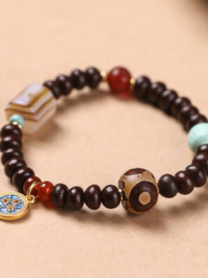 HimaFlow Natural Tibet Purple Bodhi Seed Dzi Bead God of Wealth Wisdom Bracelet
