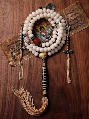 HimaFlow Tibet 108 Mala Beads Bodhi Seed Bagua Vajra Dzi Bead Gray Agate Wealth Bracelet