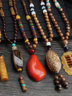HimaFlow Tibetan Wenge Wood Bodhi Seed Agate Balance Peace Necklace Pendant