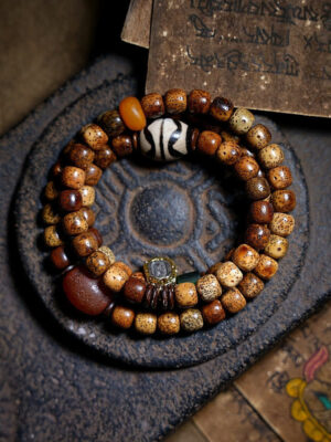 HimaFlow Tibetan Bodhi Seed Amber Dzi Bead Agate Zakiram Goddess of Wealth Beads Triple Wrap Bracelet