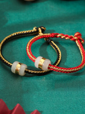 HimaFlow 999 Gold Hetian White Jade Om Mani Padme Hum Fu Character Luck Braided Bracelet