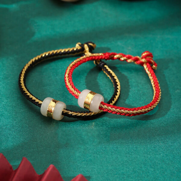 HimaFlow 999 Gold Hetian White Jade Om Mani Padme Hum Fu Character Luck Braided Bracelet