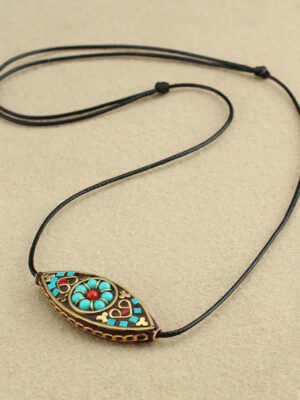 HimaFlow Tibet Turquoise Bead Marquise Pattern Protection Strength Necklace Pendant