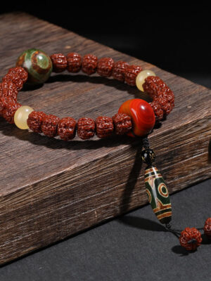 HimaFlow Tibet Rudraksha Bodhi Seed Dzi Bead Lucky Cat Dancing Lion Wealth Bracelet Wrist Mala