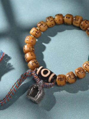 HimaFlow Natural Tibetan Camel Bone Swastika Dzi Bead Shankha Buddha Charm Kirtimukha Luck Protection Tassel Bracelet